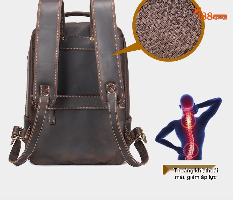 Balo Da Bò Sáp Crazy Horse Đựng Laptop Du Lịch Phong Cách Âu Mỹ Màu Nâu chi tiết 13