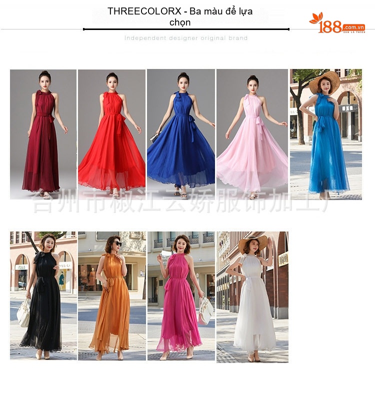 Váy Dài Nữ Dáng Xòe Thắt Eo Cổ Yếm Đính Nơ Chất Liệu Gấm Voan Màu Đỏ, Đỏ Rượu, Xanh Dương, Cam... chi tiết 3