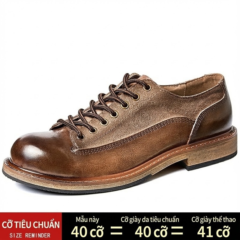 Giày Tây Buộc Dây Nam Da Bò Chiều Cao Đế Khoảng 3cm Màu Nâu