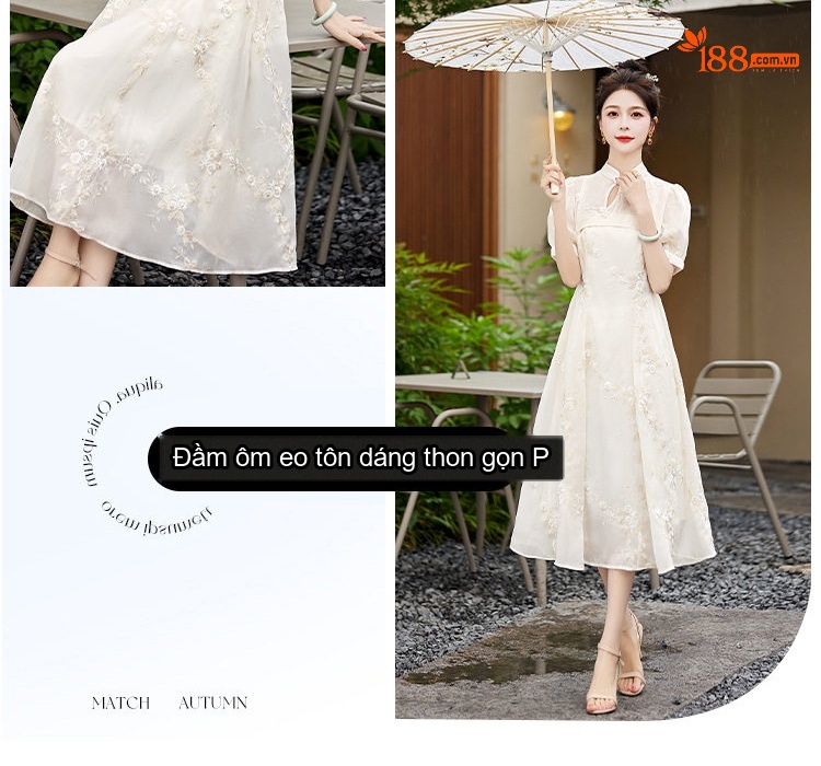Váy Sườn Xám Cách Tân Nữ Tay Bồng dáng chữ A Phong Cách Cổ Điển Màu Trắng Kem chi tiết 4