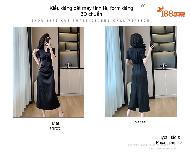 Váy Đầm Nữ Dáng Ôm Chiết Eo Phong Cách Trung Hoa Cổ Điển Màu Đen chi tiết 4