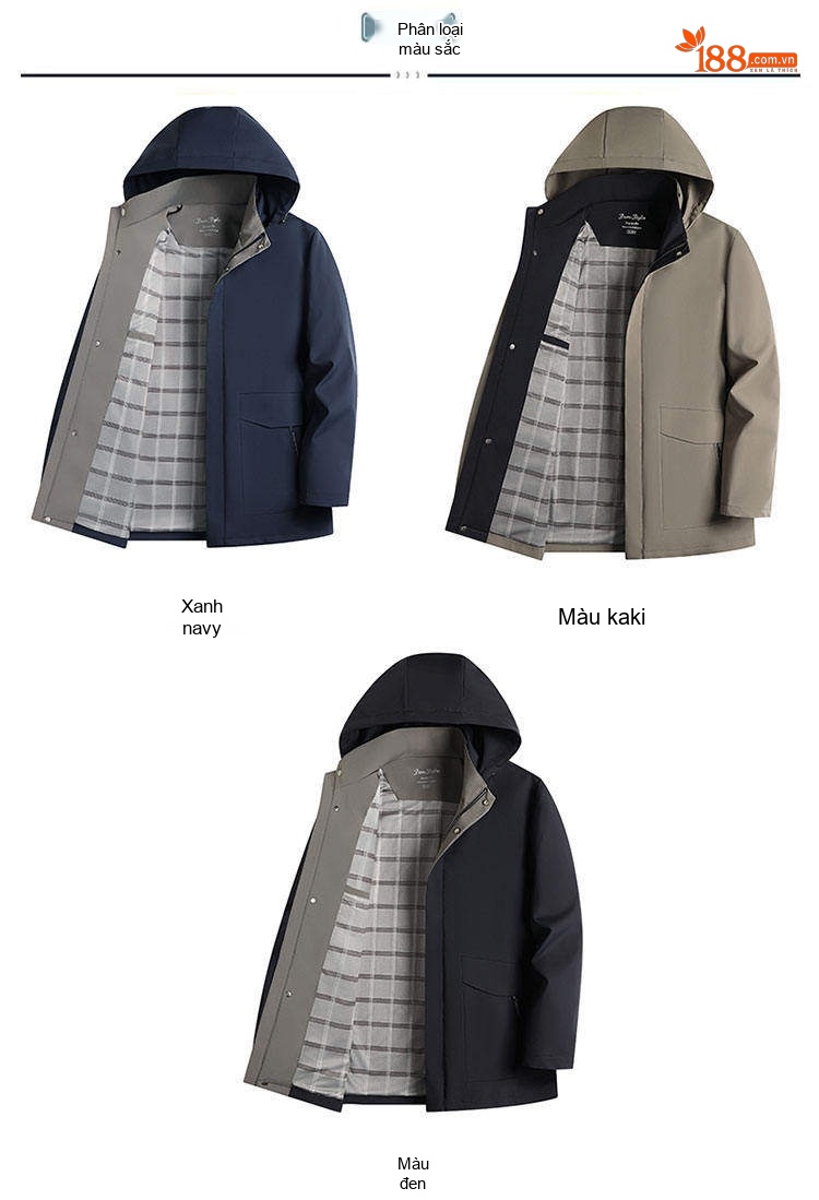 Áo Khoác Gió Nam Mỏng Nhẹ Có Mũ Trùm Đầu Phong Cách Business Casual Màu Đen, Xanh Navy, Be chi tiết 6