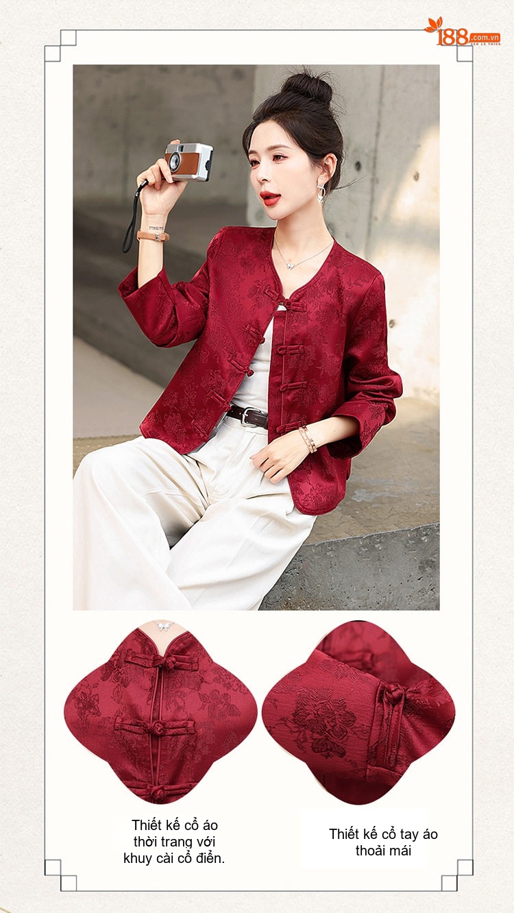 Áo Khoác Lửng Nữ Họa Tiết Jacquard Phong Cách Trung Hoa Cổ Điển Màu Đỏ, Đen chi tiết 4