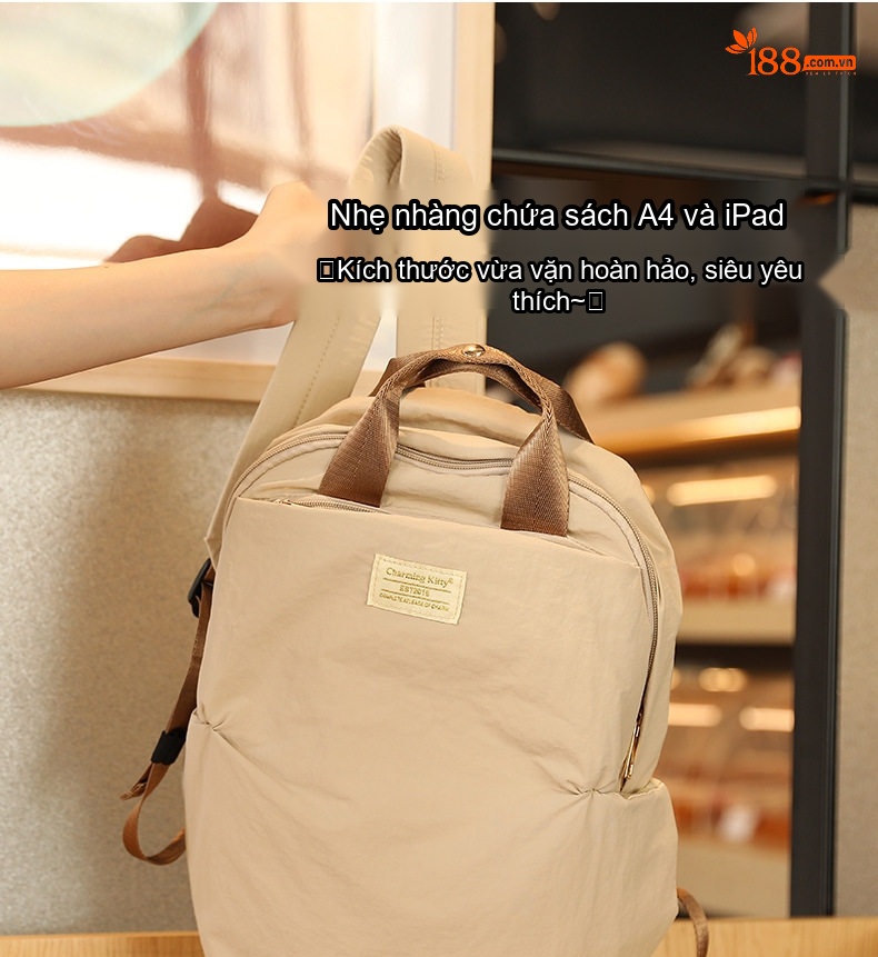 Balo Nữ Đeo Vai Hai Dây Mềm Mại Chống Sốc Thoải Mái Size Vừa Bền Bỉ Màu Be chi tiết 4