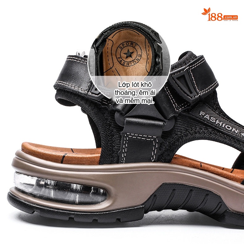 Dép Sandal Nam Da Thật Hở Ngón Thoáng Khí Chiều Cao Đế Khoảng 4cm Màu Nâu, Đen chi tiết 10