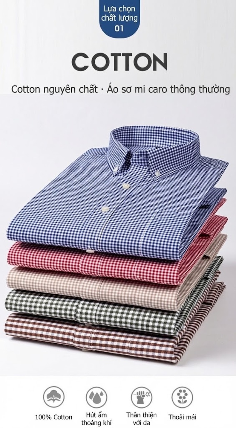 Áo Sơ Mi Nam Cotton Dài Tay Kẻ Caro Thời Trang Công Sở Thoải Mái Màu Đỏ, Xanh, Xám, Be... chi tiết 1