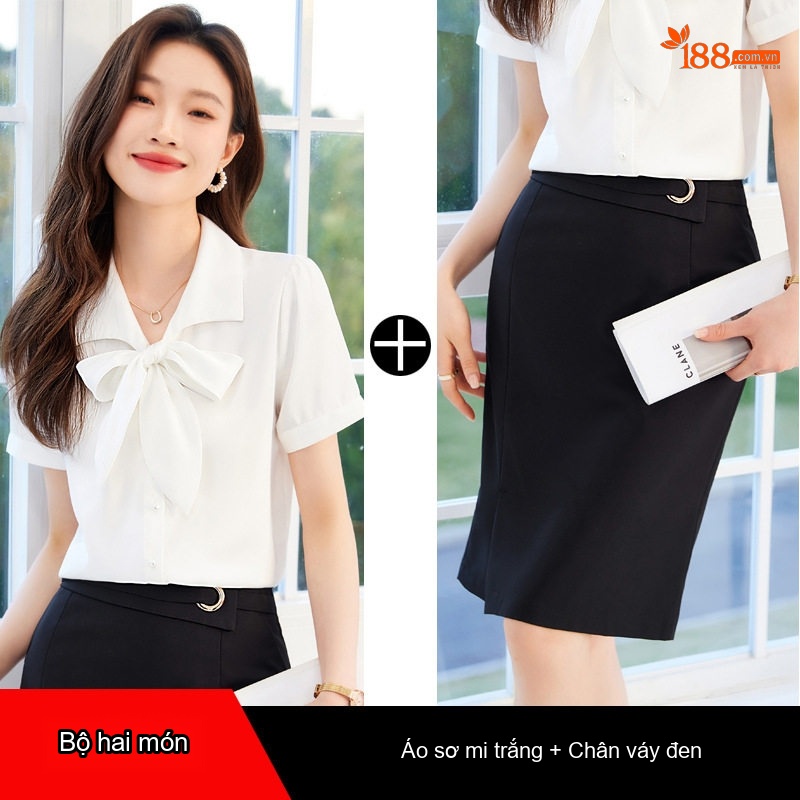 Áo Sơ Mi Tay Ngắn Nữ Cổ Nơ Chất Liệu Tuyết Chiffon Màu Hồng, Trắng