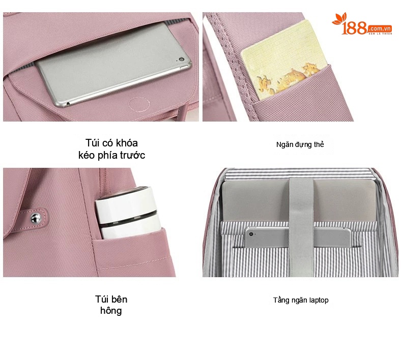 Balo Laptop Nữ Sinh Viên, Học Sinh Cấp 3 Vải Dệt Phong Cách Hàn Quốc Đựng Vừa A4 Màu Be, Hồng chi tiết 9