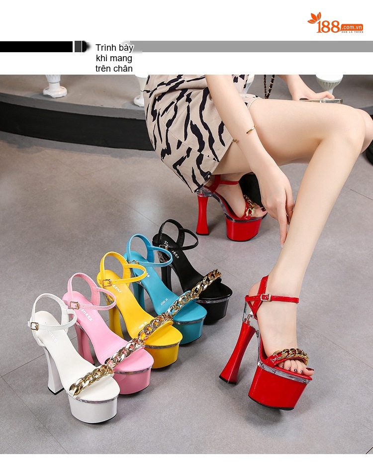 Giày Sandal Cao Gót Nữ Quai Ngang Mắt Xích Gót Cao 10cm - 12cm Màu Đen, Đỏ, Trắng, Hồng... chi tiết 10