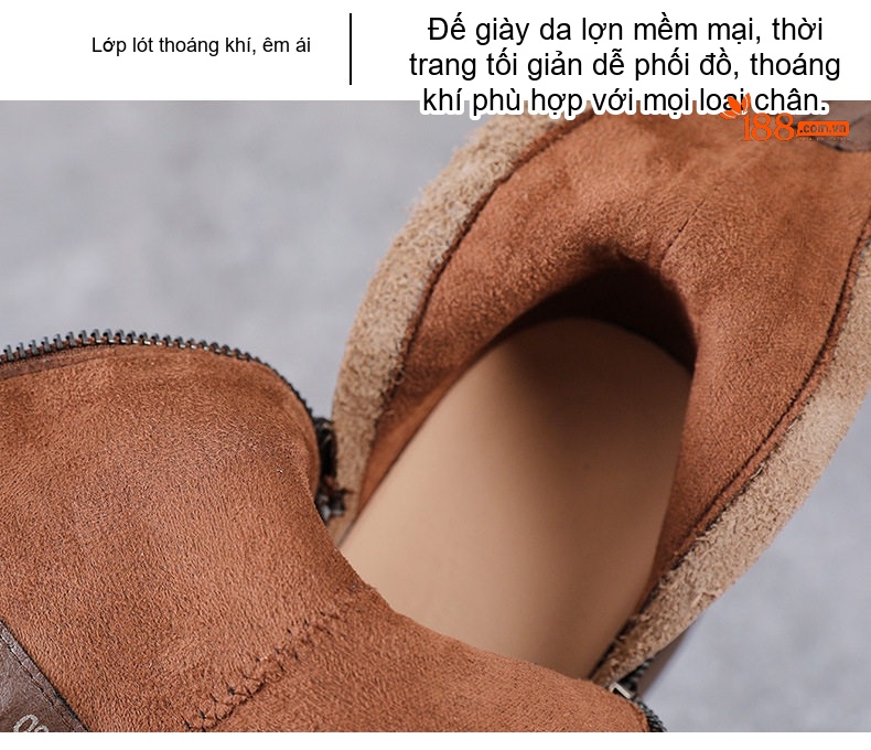 Boot Martin Nữ Da Bò Đế Dày Hai Khóa Kéo Phong Cách Anh Chiều Cao Đế Khoảng 5cm Màu Đen, Nâu chi tiết 5