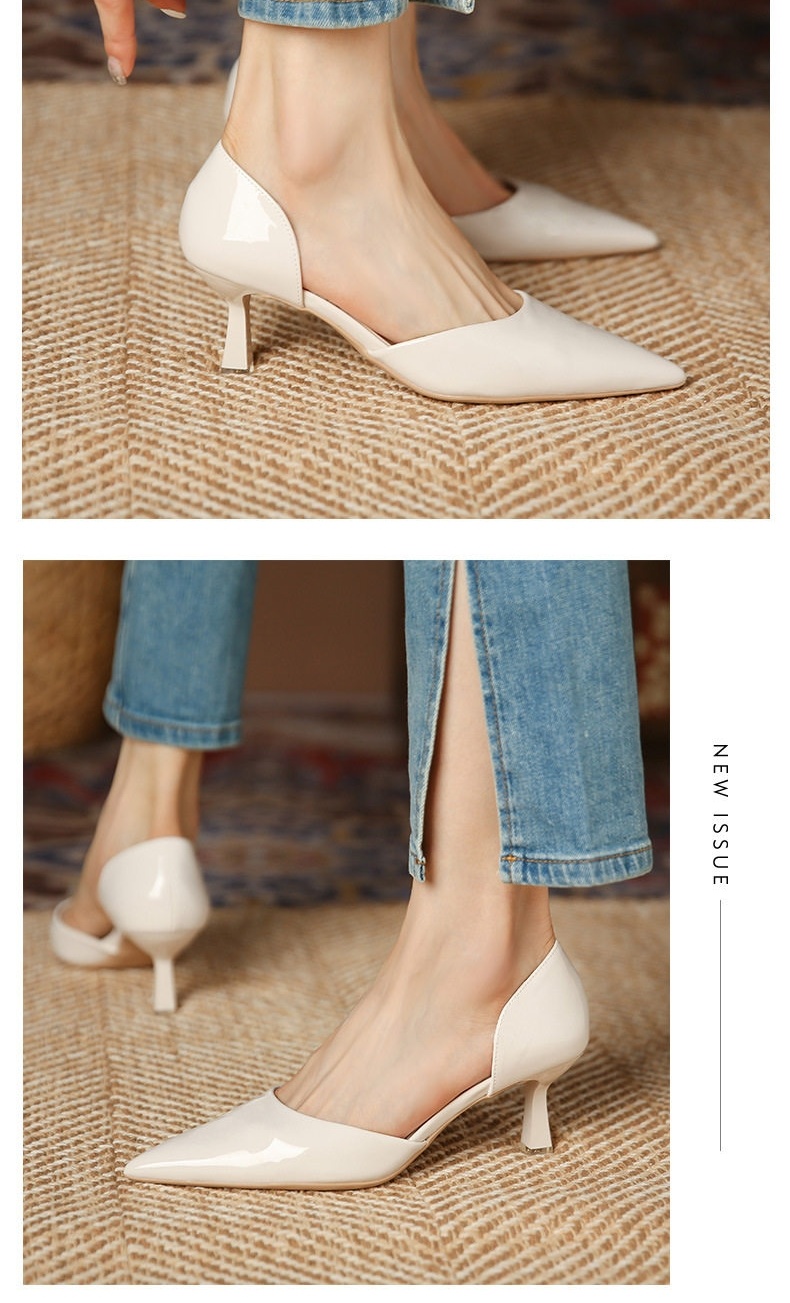 Giày Cao Gót Hở Sườn Nữ Da Bóng Chiều Cao Đế Khoảng 5cm Màu Nude, Đen, Trắng chi tiết 5