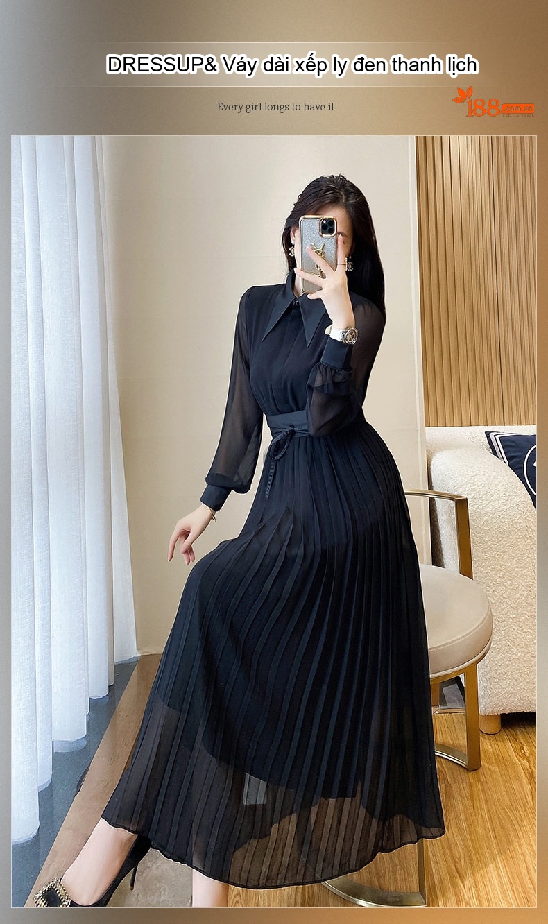 Váy Đầm Dài Tay Thu Đông Pháp Cổ Điển Thiết Kế Thắt Eo Màu Đen chi tiết 1