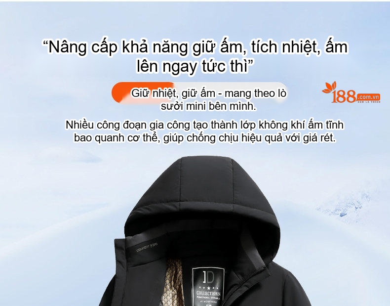Áo Khoác Phao Nam Dày Dặn 3 Trong 1 Có Mũ Trùm Đầu Chống Gió Giữ Ấm Màu Đen chi tiết 7