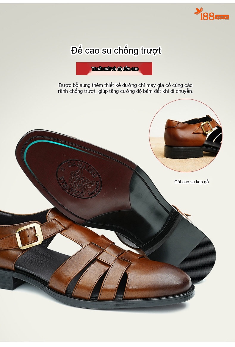 Giày Sandal Rọ Nam Da Thật Phong Cách Retro Chiều Cao Đế Khoảng 2cm Màu Đen, Nâu chi tiết 9