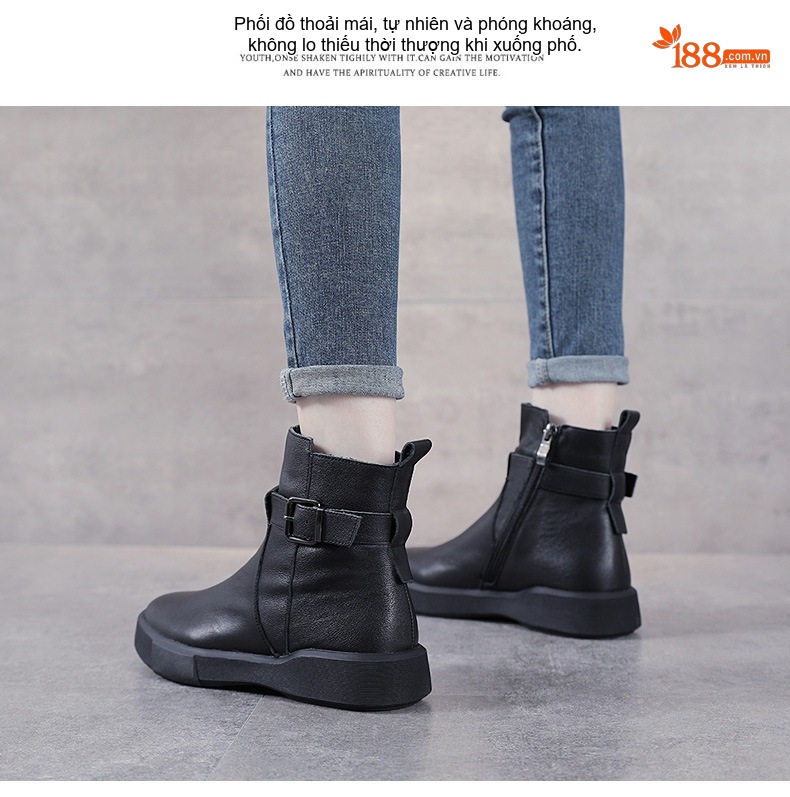 Boot Nữ Da Thật Martin Cổ Ngắn Khóa Đai Phong Cách Anh Chiều Cao Đế Khoảng 3cm Màu Đen chi tiết 15