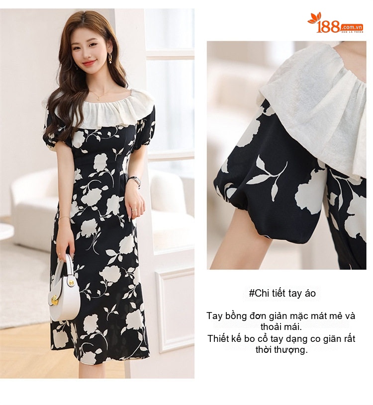 Váy liền thân Nữ Cổ Búp Bê Họa Tiết Hoa Nhí Thiết Kế Dáng Xòe Màu Đen, Trắng chi tiết 7