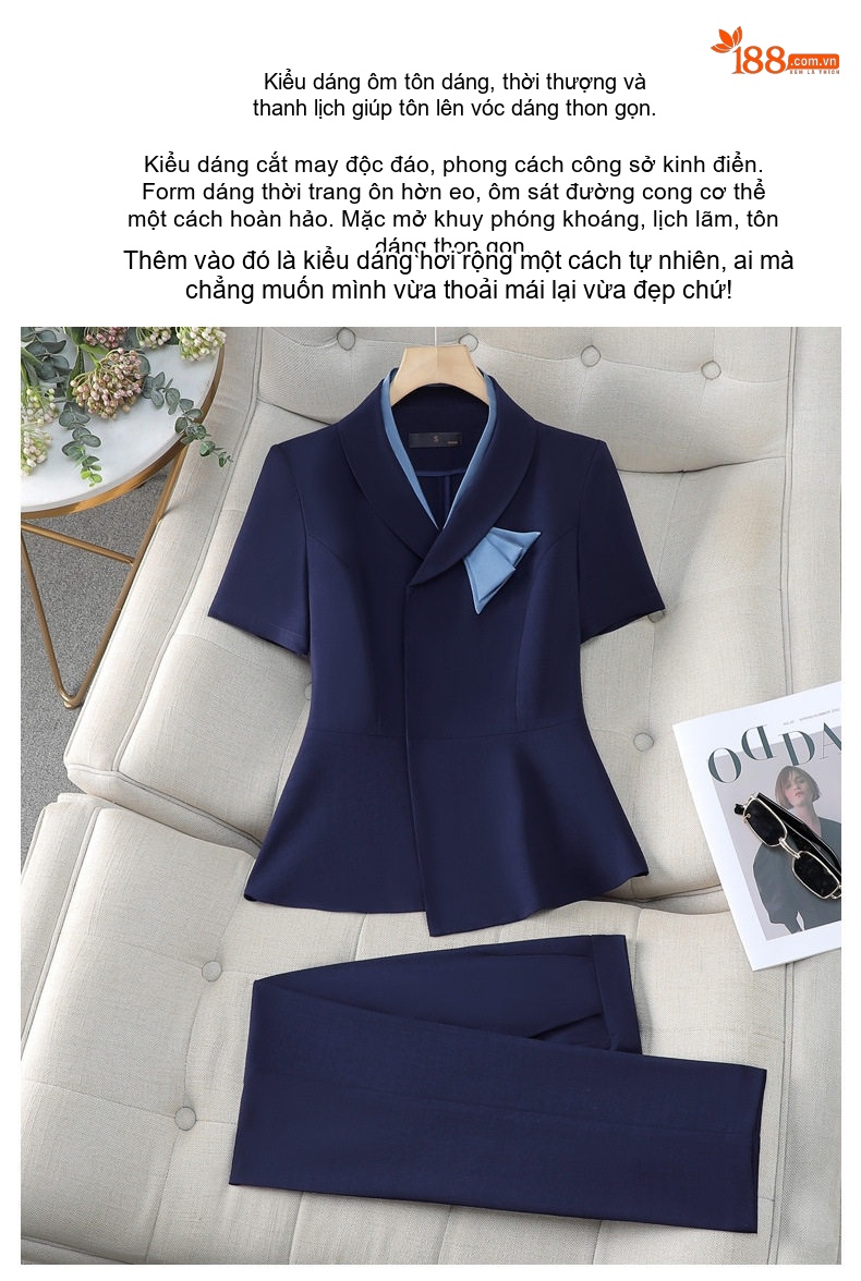 Set Bộ Vest Công Sở Nữ Tay Ngắn Thiết Kế Thanh Lịch Màu Đen, Xanh Navy chi tiết 11