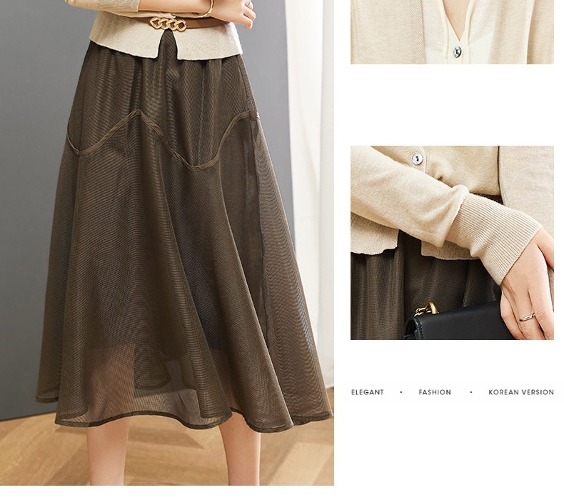 Váy Bộ Dệt Kim Nữ Thu Đông Áo Cardigan Quần Áo Nhỏ Chân Váy Lưới Màu Be, Nâu chi tiết 4
