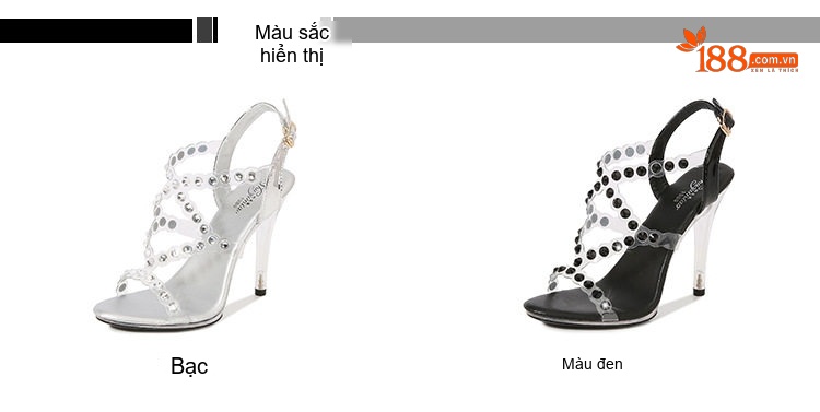 Giày Sandal Cao Gót Nữ Da Bóng Quai Trong Đính Đá Gót Cao 11cm Màu Đen, Trắng chi tiết 2