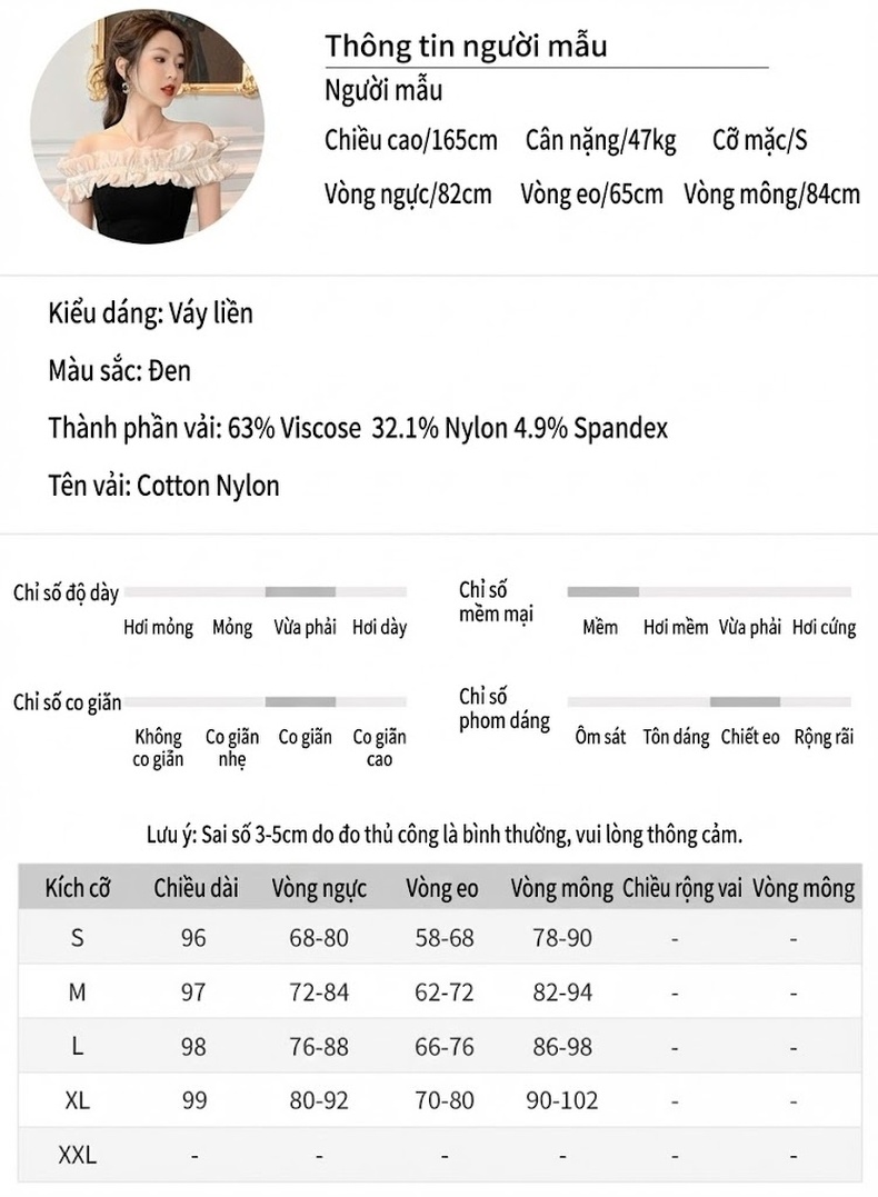 Váy Ôm Body Nữ Hở Vai Viền Bèo Nhún Xẻ Tà Dáng Dài Màu Đen, Kem chi tiết 3