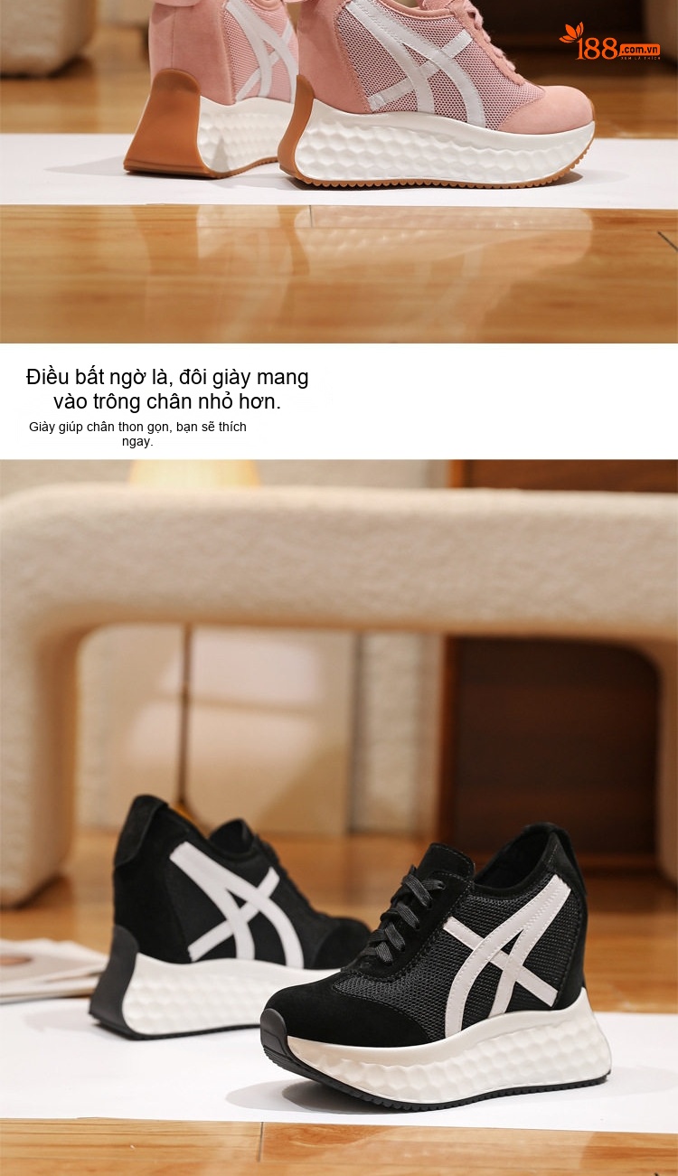 Giày Sneaker Nữ Đế Dày 12cm Vải Lưới Thoáng Khí Phong Cách Thể Thao Màu Hồng, Xám, Đen chi tiết 2