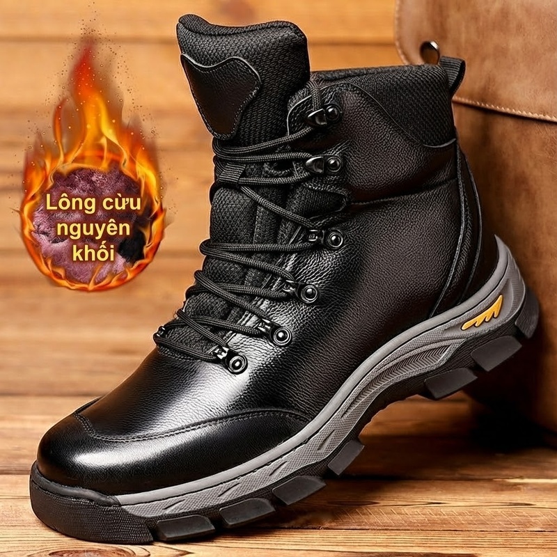 Giày Cao Cổ Nam Da Bò Lót Lông Giữ Ấm Chiều Cao Đế Khoảng 4cm Màu Đen