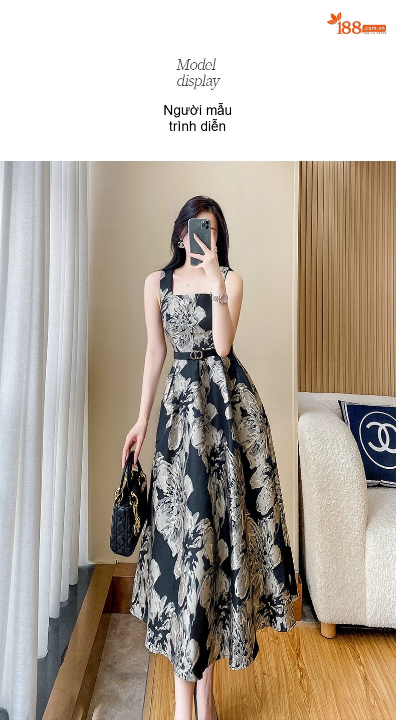 Đầm Dây Vintage Họa Tiết Hoa A-Line Dáng Dài Che Bụng Màu Đen, Vàng chi tiết 6