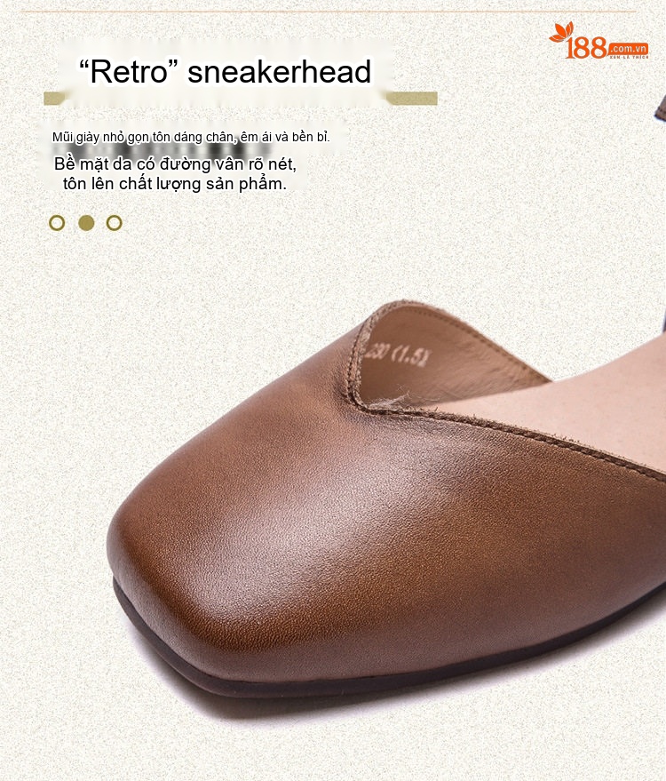 Dép Sandal Nữ Bít Mũi Da Bò Quai Ngang Khóa Cài Đế Cao 3cm - 4cm Màu Kem, Nâu chi tiết 4