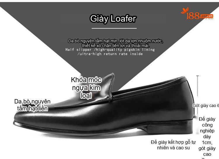 Giày Lười Nam Da Bóng Mũi Tròn Chiều Cao Đế Khoảng 3cm Màu Đen, Nâu chi tiết 2