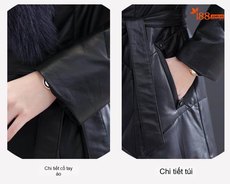 Áo Khoác Phao Da Cừu Dáng Dài Trung Niên Cổ Lông Thú Màu Đen chi tiết 4