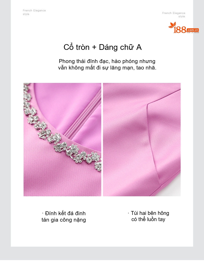 Váy Liền Thân Nữ Tiểu Thư Cổ Điển Chiết Eo Đính Hạt Màu Trắng Kem, Đen, Hồng chi tiết 7