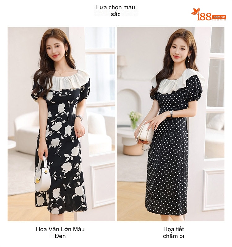 Váy liền thân Nữ Cổ Búp Bê Họa Tiết Hoa Nhí Thiết Kế Dáng Xòe Màu Đen, Trắng chi tiết 11