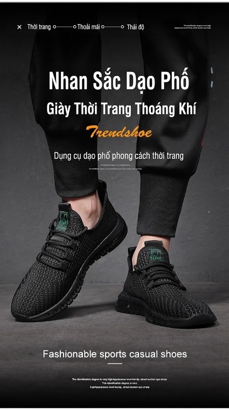 Giày Thể Thao Nam Vải Dệt Kim Thoáng Khí Chiều Cao Đế Khoảng 3cm Màu Đen chi tiết 2