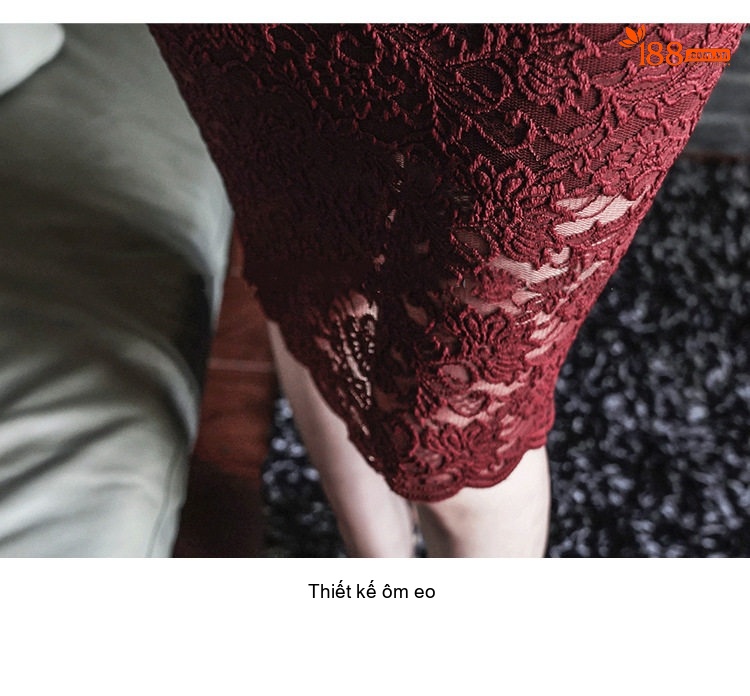 Váy Ôm Body Ren Lưới Hở Eo Cổ chữ V Tay Lỡ Màu Đỏ Rượu Vang chi tiết 34