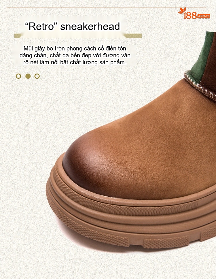Boot Nữ Cổ Lửng Lót Lông Cừu Đế Dày Phong Cách Retro Chiều Cao Đế Khoảng 5cm Màu Nâu, Xanh Lá chi tiết 4