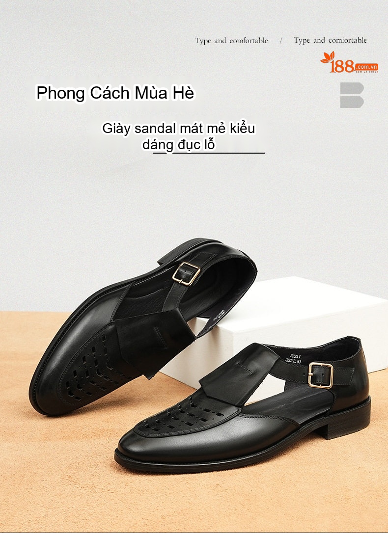 Sandal Nam Da Bò Xỏ Ngón Thoáng Khí Chiều Cao Đế Khoảng 2cm Màu Đen, Nâu chi tiết 1