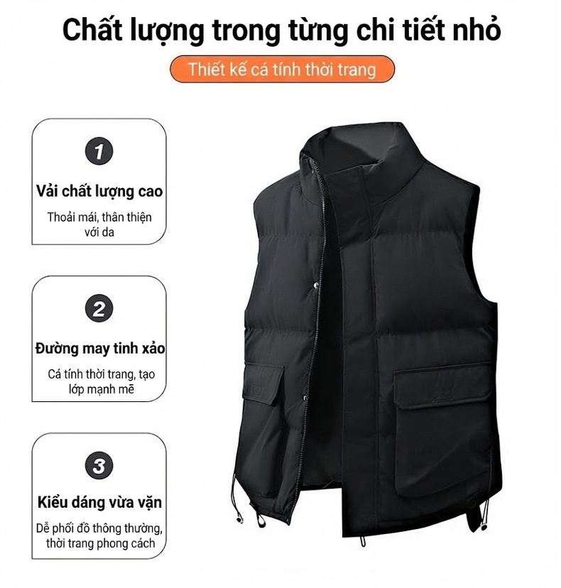 Áo Gilet Phao Nam Nữ Mùa Đông Dáng Rộng Cổ Trụ Túi Hộp Màu Đen, Trắng, Xám chi tiết 6