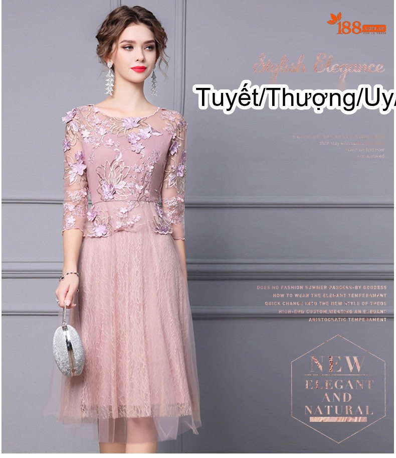 Váy liền thân Nữ Tay Lỡ Thêu Hoa Phong Cách Ngọt Ngào Dự Tiệc Màu Hồng chi tiết 1