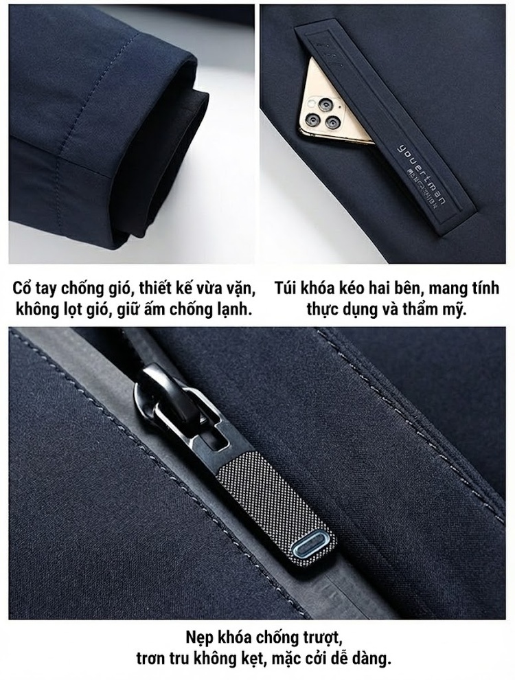 Áo Khoác Phao Nam Lông Ngỗng 90 Kiểu Dáng 5 in 1 Tháo Rời Mũ Màu Đen, Xanh Navy chi tiết 28