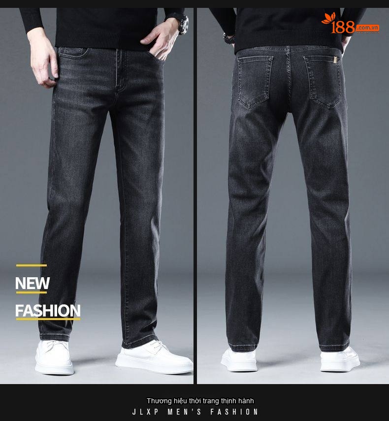 Quần Jean Nam Dáng Suông Vải Cotton Co Giãn Màu Đen Khói chi tiết 17