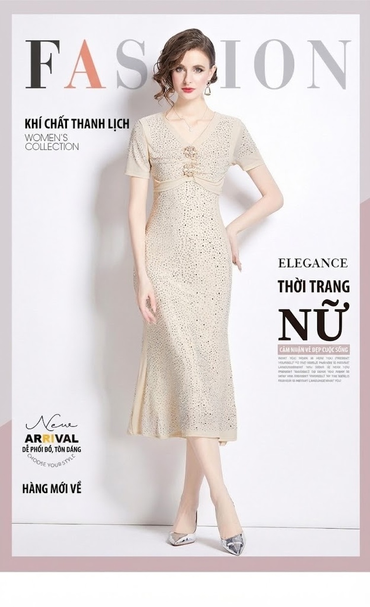 Váy liền thân Nữ Mùa Hè 2024 Phong Cách Tiểu Thư Nhẹ Nhàng Đính Hoa Kim Loại, Đá Nóng, Lưới Màu Kem chi tiết 1