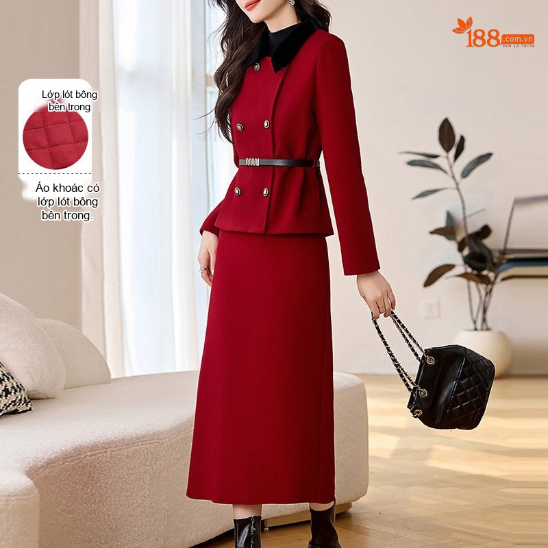 Set Áo Khoác Lông Nỉ Quần Chân Váy Chữ A Dáng Dài Cao Cấp Màu Đỏ
