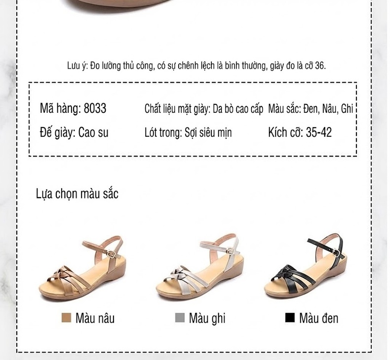 Dép Sandal Nữ Quai Ngang Da Bò Đế Cao 5cm - 6cm Màu Đen, Kem chi tiết 4