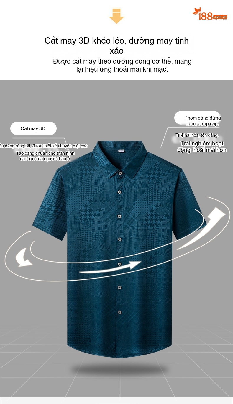 Áo Sơ Mi Nam Tay Ngắn Tơ Tằm Họa Tiết Jacquard Cao Cấp Màu Trắng, Đen, Xanh Ngọc chi tiết 9