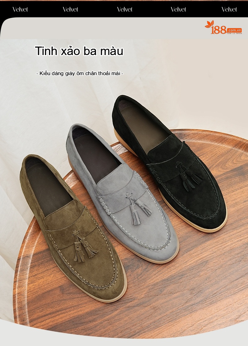 Giày Lười Nam Da Lộn Da Bò Chiều Cao Đế Khoảng 3cm Màu Đen, Xám, Nâu chi tiết 2