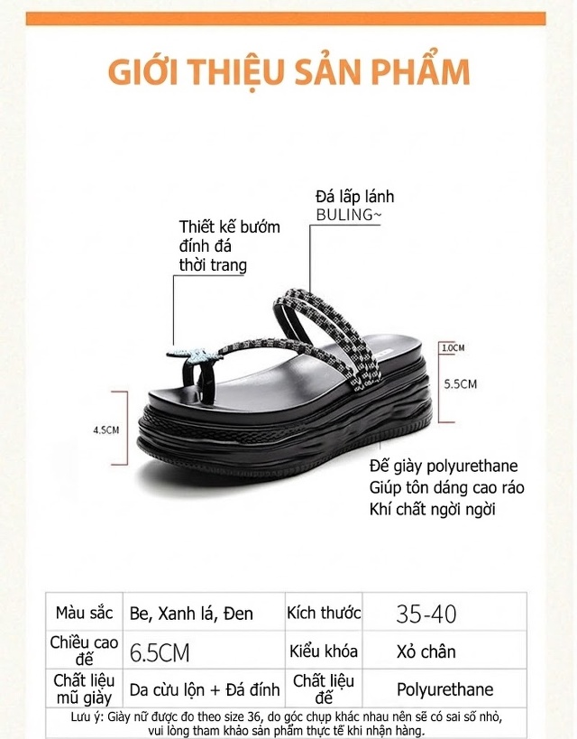Dép Lê Nữ Quai Kẹp Đế Xuồng Dày Chiều Cao Đế Khoảng 5cm Đính Đá Màu Đen, Trắng, Kem chi tiết 6