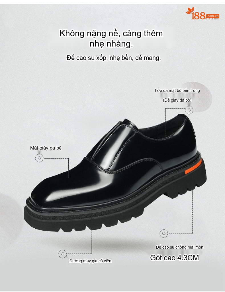 Giày Lười Nam Da Bóng Đế Dày Chiều Cao Đế Khoảng 4cm Màu Đen, Nâu chi tiết 4