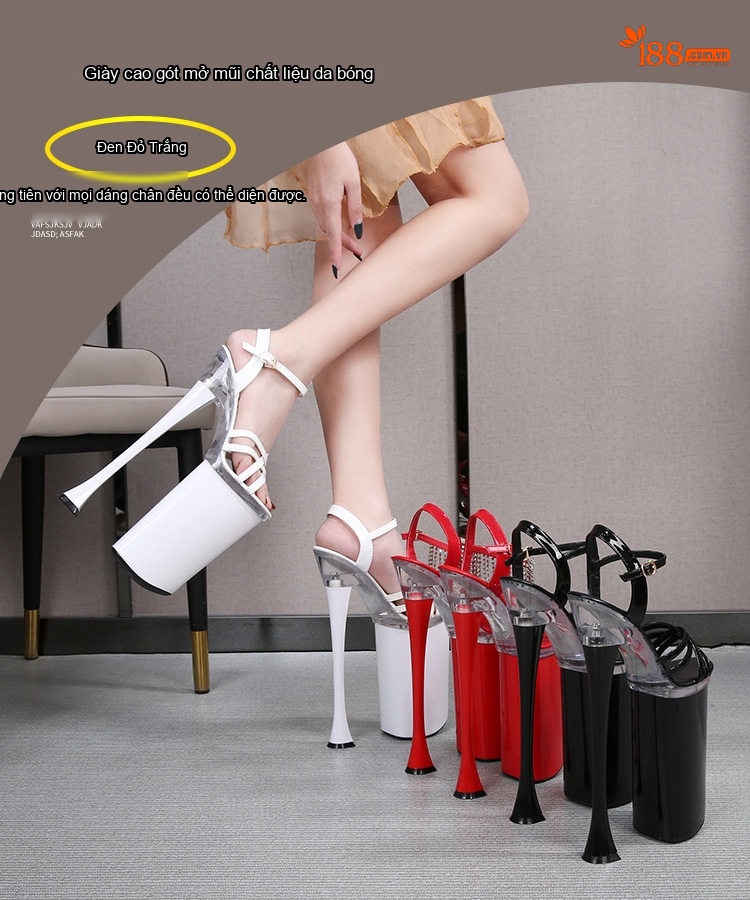 Giày Sandal Cao Gót Nữ Quai Ngang Hở Ngón Da Bóng Đính Đá Gót Cao 26cm Màu Đen, Đỏ, Trắng chi tiết 1