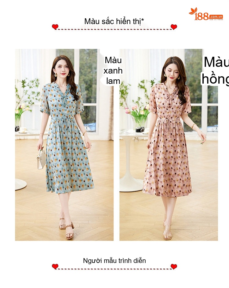 Váy Hoa Nhí Cổ chữ V Mùa Hè Thiết Kế Bèo Nhún Dây Rút Mềm Mại Thoải Mái Màu Hồng, Xanh chi tiết 10