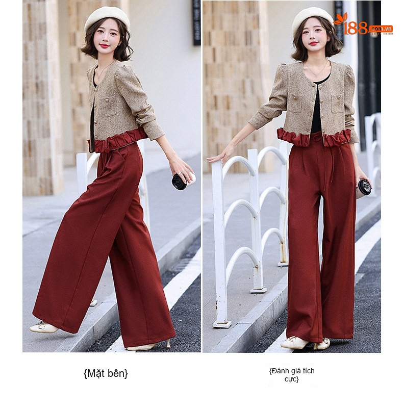Set Bộ Tiểu Thư Áo Khoác Quần Ống Rộng Phong Cách Hàn Quốc Màu Nâu, Đỏ chi tiết 11